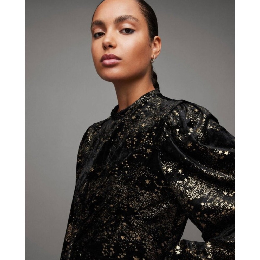 New!‎ All Saints Jemima Star Dress Black Velvet
Metallic Gold Printed Sz 10 $299 - Picture 7 of 14